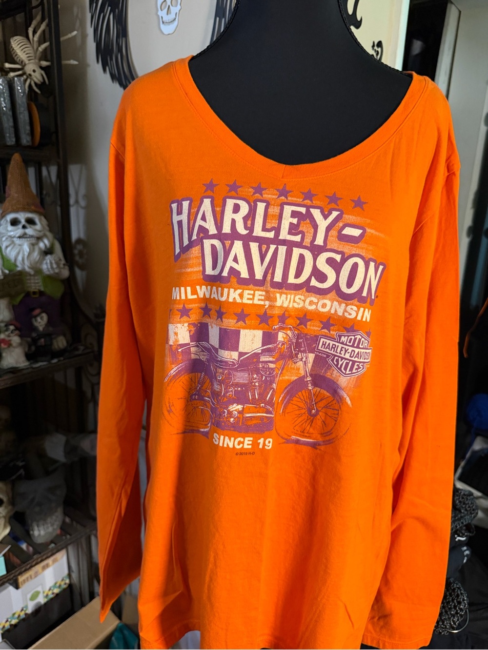 Harley-Davidson Orange Tee with Purple Bar & Shield Graphic